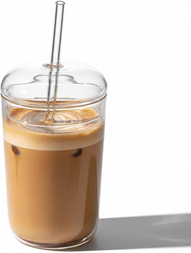 أكواب زجاجية من دويتول مع غطاء وماصة - أكواب شفافة أنيقة - أكواب بوبا - زجاجات مياه زجاجية قابلة لإعادة الاستخدام مع غطاء وماصة لشاي الفقاعات والعصير والقهوة المثلجة